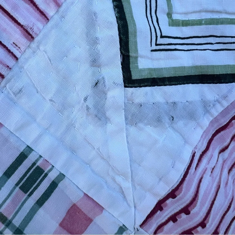 VTG Garden Block Quilt Floral Striped Reversible Hand Sewn Pink Green 82x84 FLAW